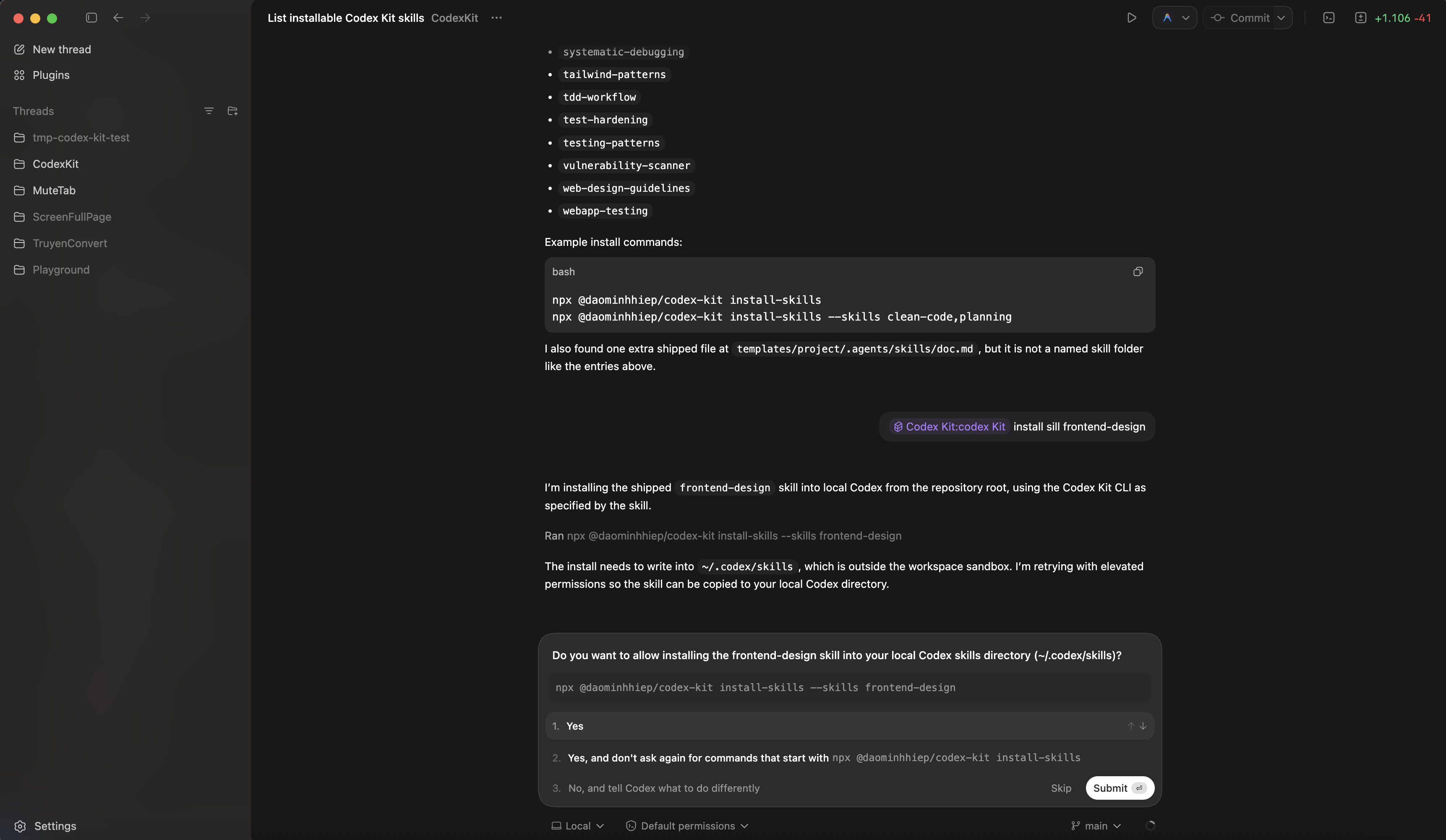 Codex thread showing local skill install commands and the permission prompt for writing a skill into ~/.codex/skills.
