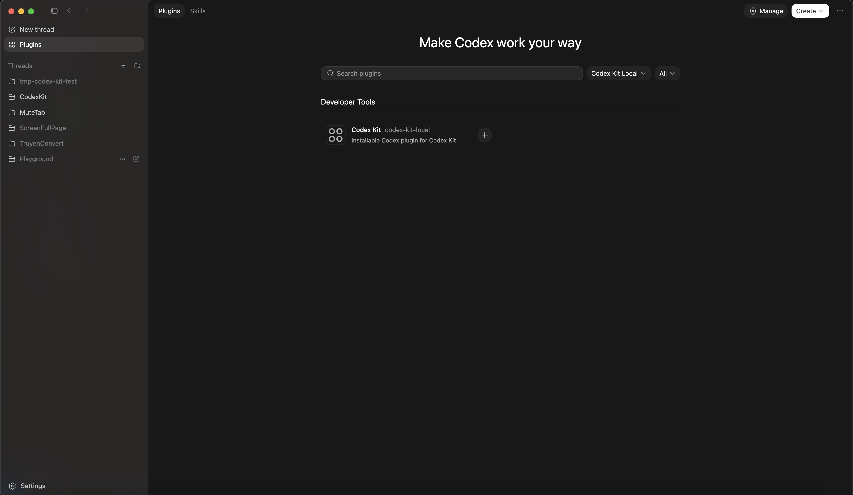 Codex Plugin Directory showing the Codex Kit Local marketplace and the Codex Kit install card.