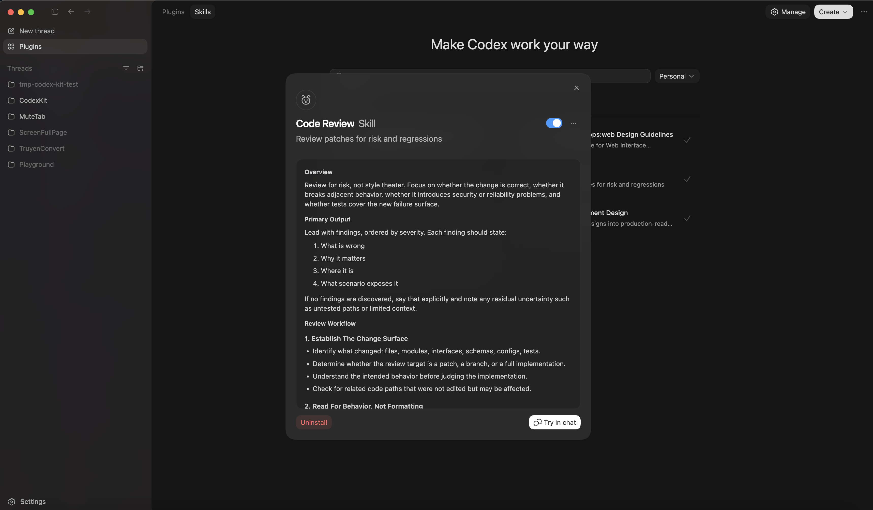 Codex interface showing the installed Codex Kit skills in local Codex.